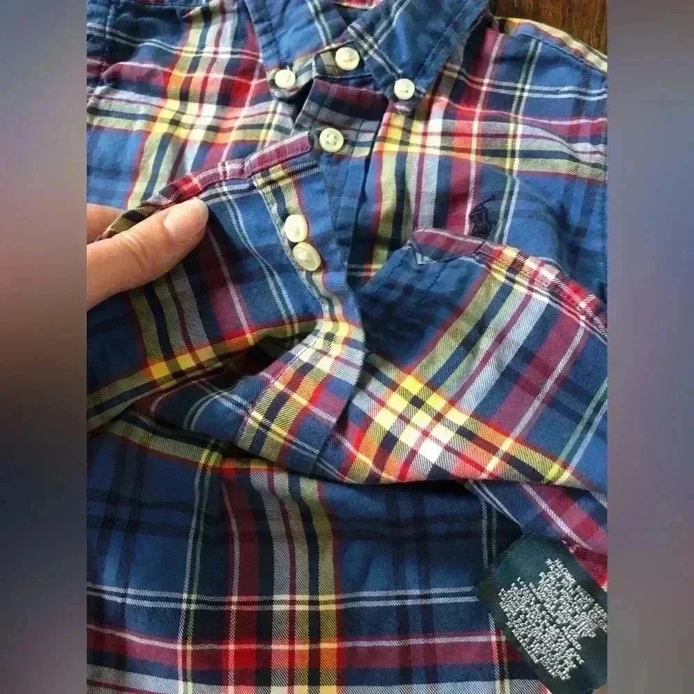 Ralph Lauren Boys 12M Blue/Red/Yellow Plaid Button-Down Oxford Shirt - EUC!
